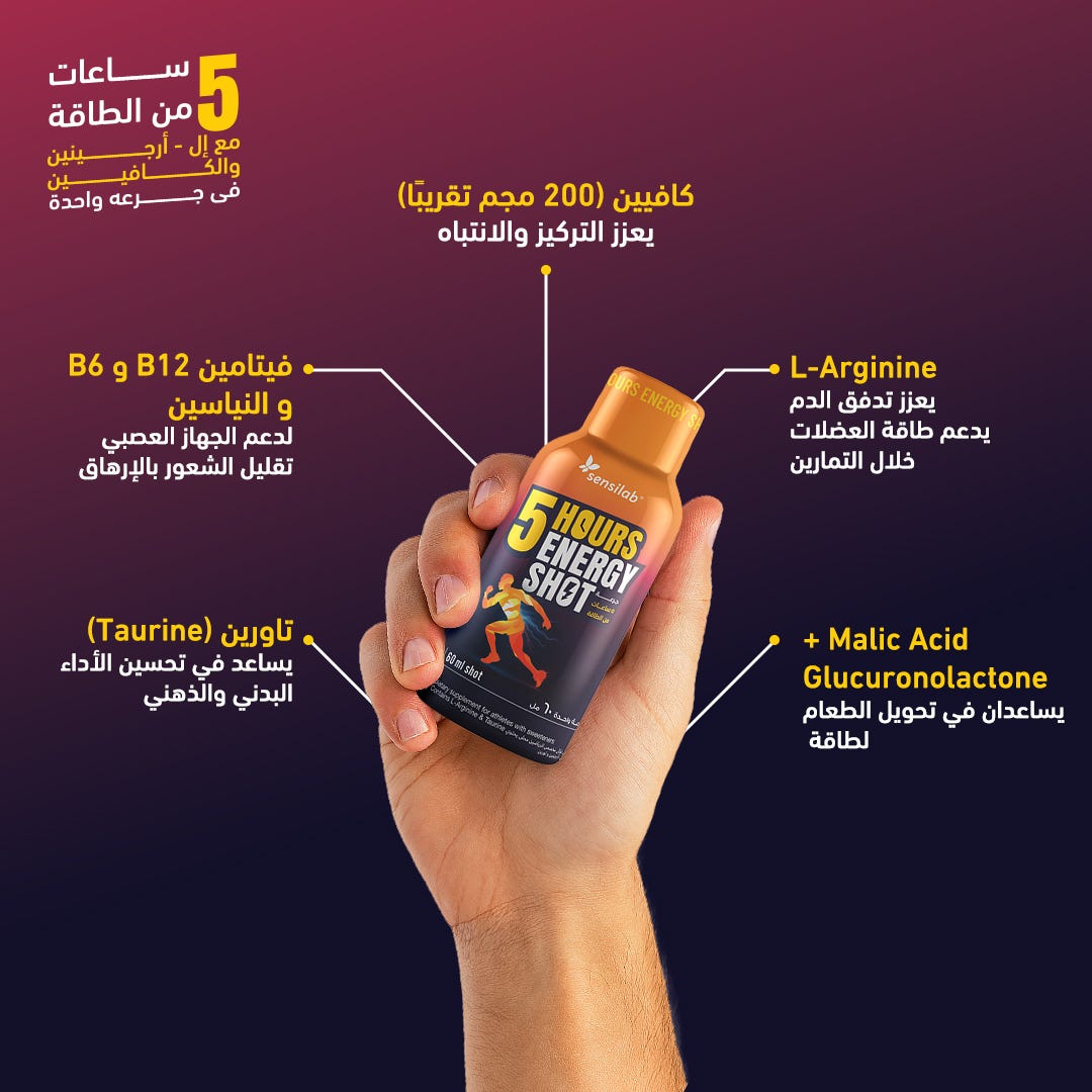 Hand holding a '5 Hours Energy Shot' with nutritional information on a purple background