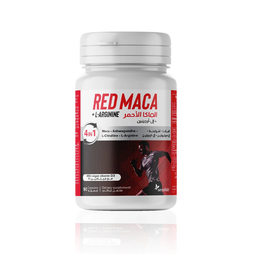 Red Maca supplement bottle with white and red label on a white background