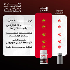 Red Maca supplement packaging with text and icons on a dark background