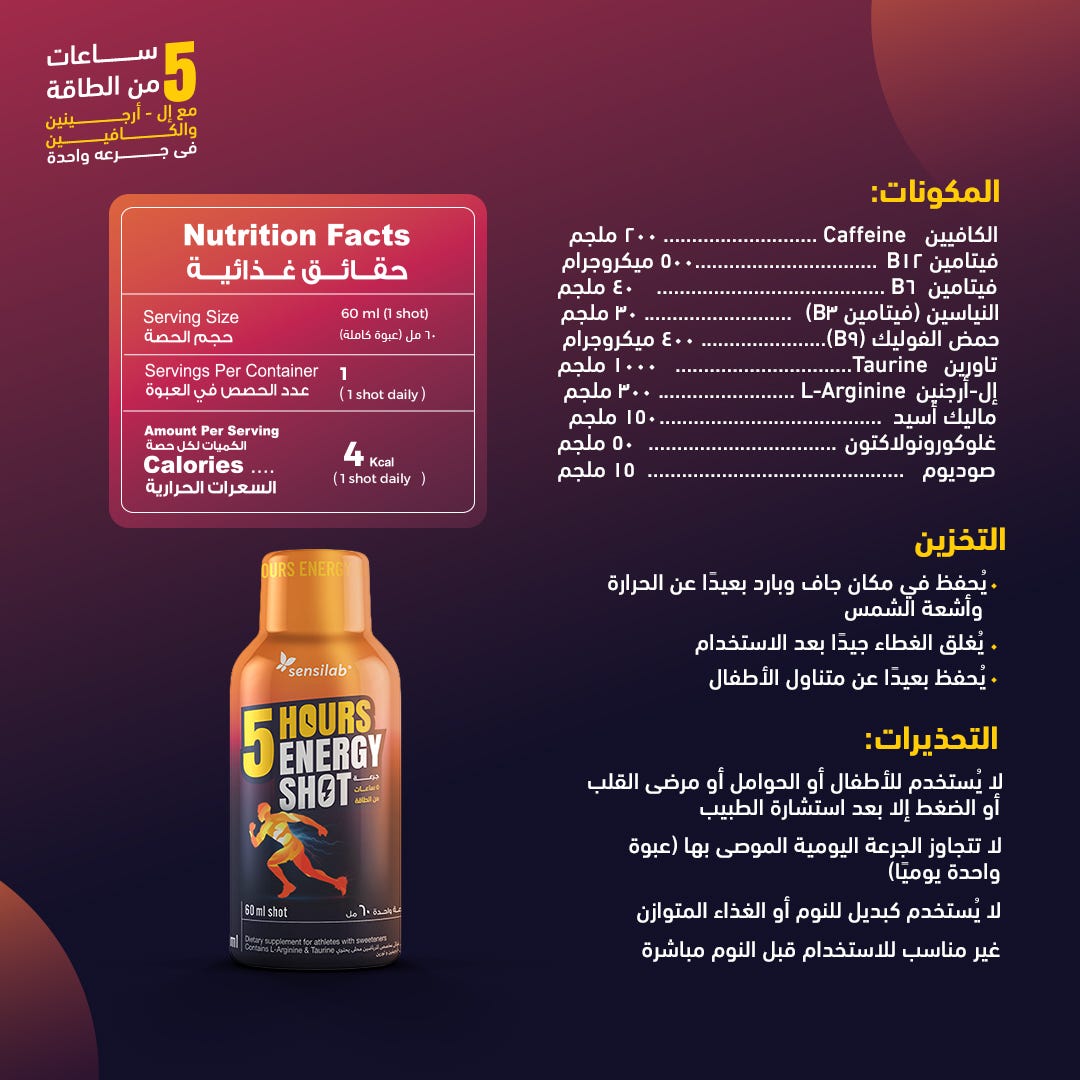 5 Hours Energy Shot bottle with nutrition facts label on a dark background