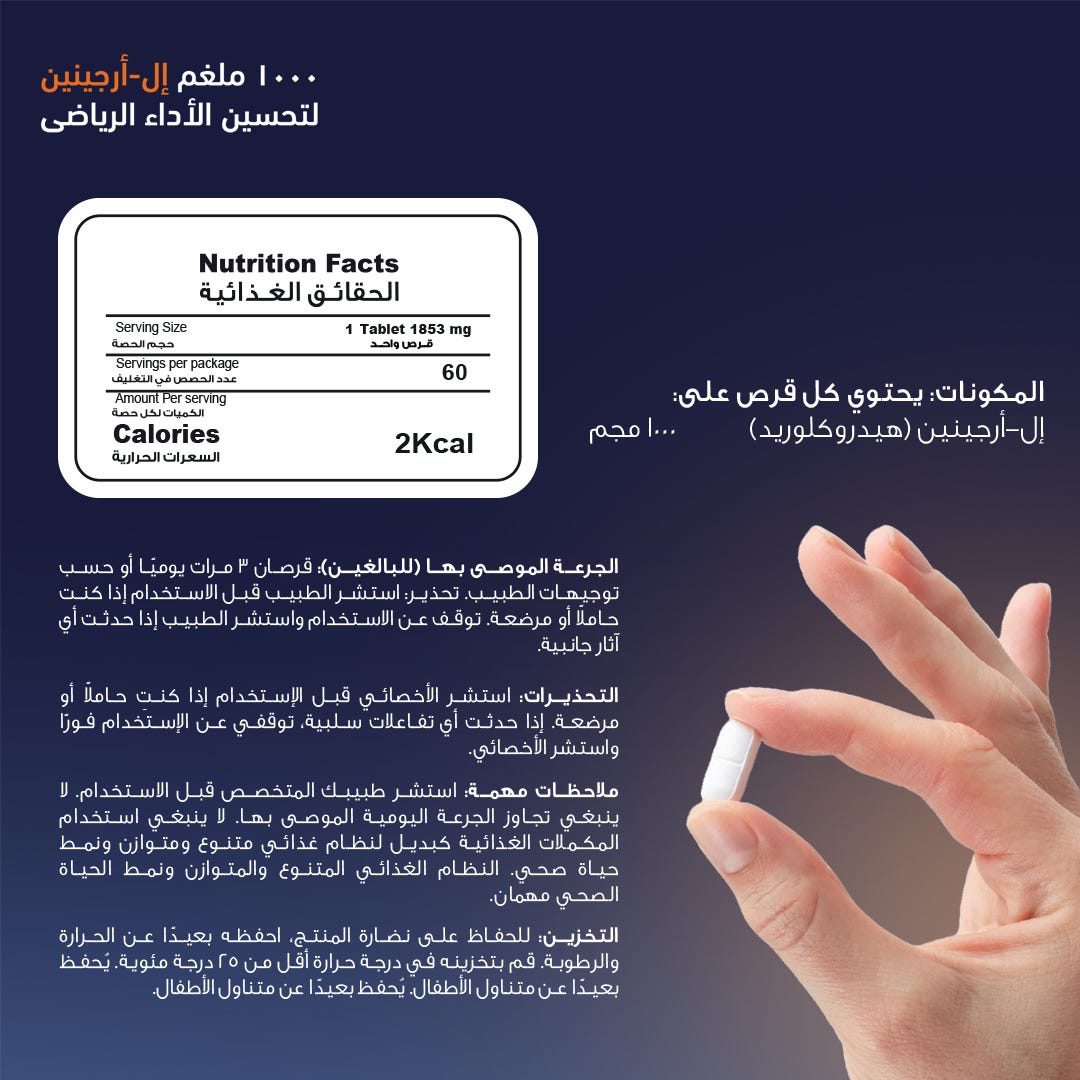 Nutrition facts label on a dark background with a hand holding a pill.