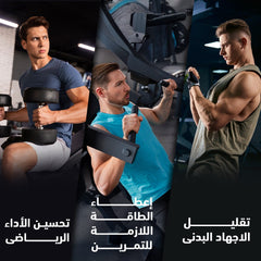 Collage of a man exercising with dumbbells and gym equipment in a gym setting.